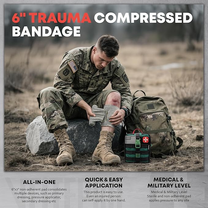 Survival First Aid Kit - IFAK Trauma Kit with Trauma Bandage, Splint, Tourniquet, Wound Care, Bleeding Control - Tactical Molle Pouch for Combat, Camping, Home, Hiking,Travel- Green