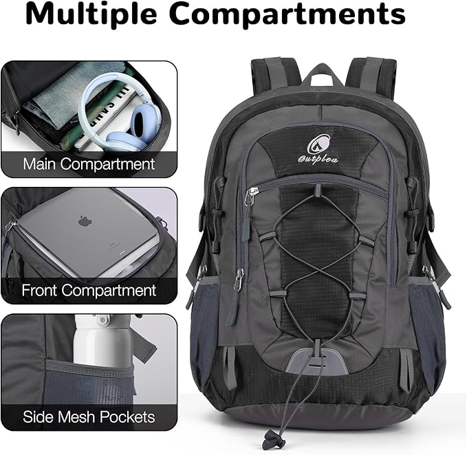 25L Small Hiking Backpack with Chest Strap for Men Women, Waterproof Travel Backpack Day Pack, Lightweight Padded Hiking Daypacks for Camping Traveling Outdoor Sports, Black