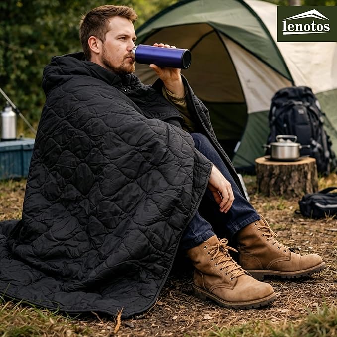 Lenotos Woobie Blanket, Thermal Insulated Military Poncho Liner, Water-Resistant, Portable, Insulation, for Hiking, Survival with Compression Carry Bag (Black)