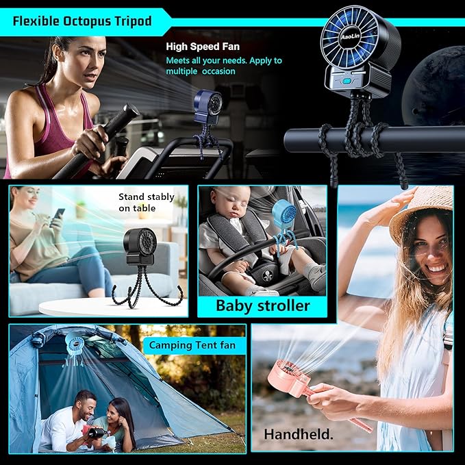 multifunctional USB rechargeable portable stroller small fan 4 speed 6600rpm high speed mini small handheld cooling fan extended flexible tripod for desktop wrap crib bike treadmill car kids gift