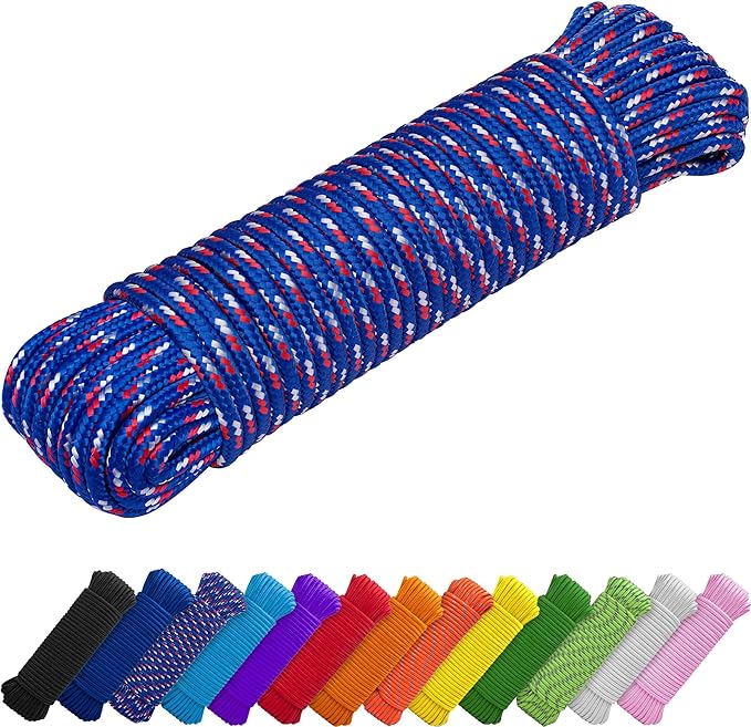 TECEUM Rope – 150 Feet x 1/4 Inch (7mm) – Patriot Mix – Strong All-Purpose Utility Rope – Camping, Crafting, Flag Pole, Indoor & Outdoor – Polypropylene Nylon Poly Lightweight Diamond Braided Cord