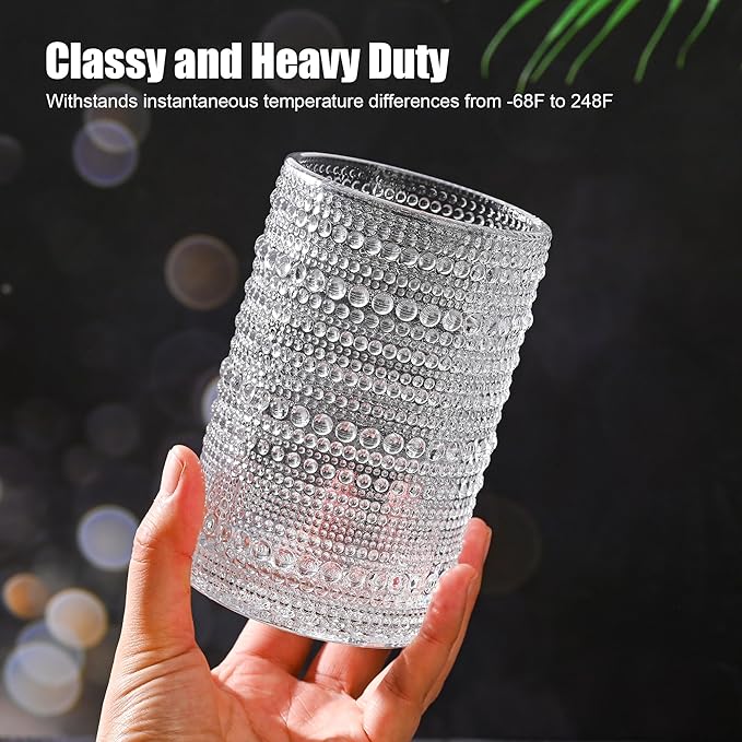 KMIGRUAN Hobnail Drinking Glasses with Straws 15oz Vintage Glassware Set of 6 Embossed Vintage Water Cups, Highball Glasses for Cocktail,Whiskey,Beer and Juic