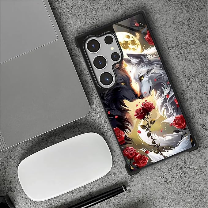 for Samsung Galaxy S26 Ultra Case,Graphic Design for Girl Boy Soft Silicone Hard Acrylic Shock Protection Designed for Samsung Galaxy S26 Ultra Black White Wolf Moon Flower Rose Pattern