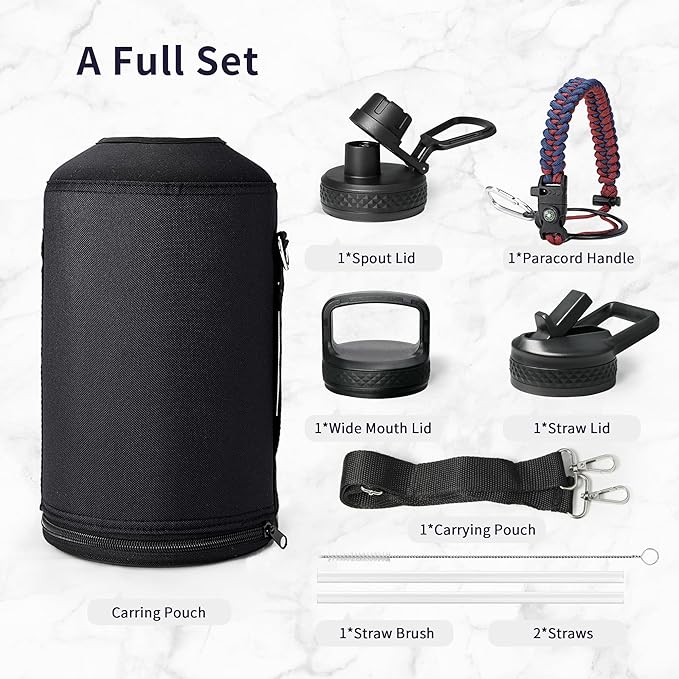 Trebo 1 Gallon Water Bottle Insulated with Paracord Handle and Straw,128oz Vacuum Triple Wall Stainless Steel Large Jug,Keep Ice Cold 48hrs, Leakproof Sports Gym Flask for Men Women, Ruby Red