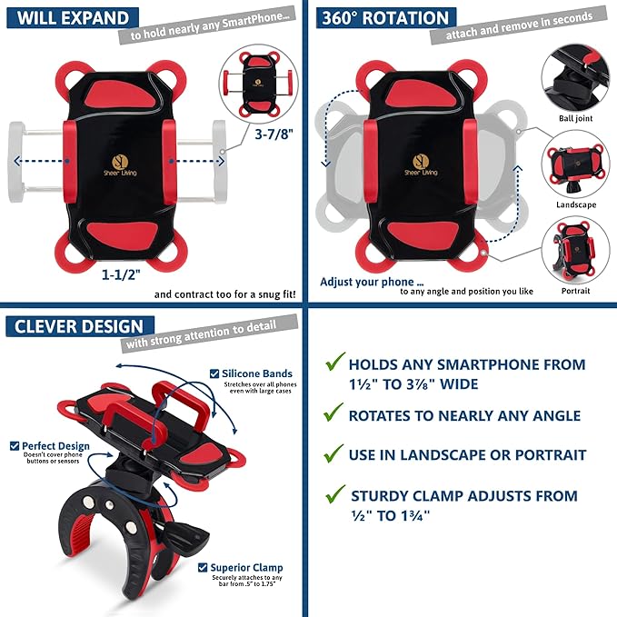 Baby Stroller Phone Holder, Shopping Cart, Golf Cart, Push Cart, Bike Phone Mount, for Motorcycle, Scooter, ATV, Boat, Spin Bike, Treadmill, Handlebar- Universal- iPhone, Cell Phone Clamp (Red)