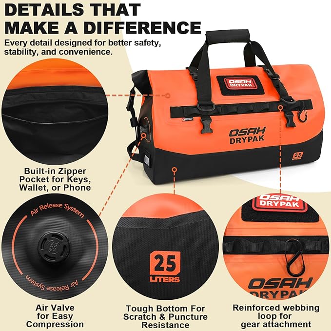 OSAH DRYPAK Waterproof Duffel Bag 25L/40L/60L – Heavy-Duty Motorcycle Tail Bag, Roll-Top Dry Bag for Travel, Camping, Boating, Kayaking, Outdoor Adventure