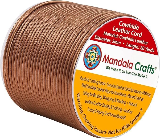 Mandala Crafts Round Genuine Bronze Leather Cord for Jewelry Making – 2mm Cowhide Leather Rope String Lace for Kumihimo – 20 Yards Cowhide Craft Cording Spool
