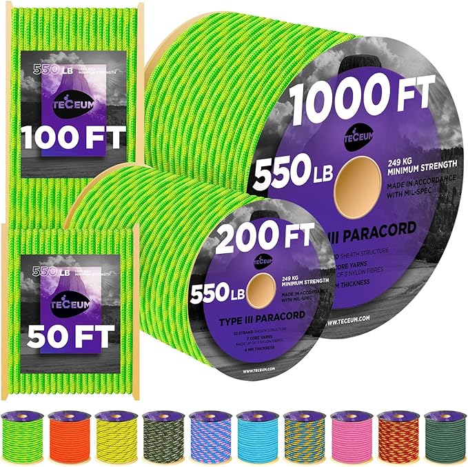 TECEUM Reflective Paracord Rope 1000 – 1000ft/200ft/100ft/50ft – 40+ Colors – Glow in The Dark – para Cord – Utility Rope for Survival, Hunting & Camping Gear – Nylon String, Camping Rope, Tent Cord