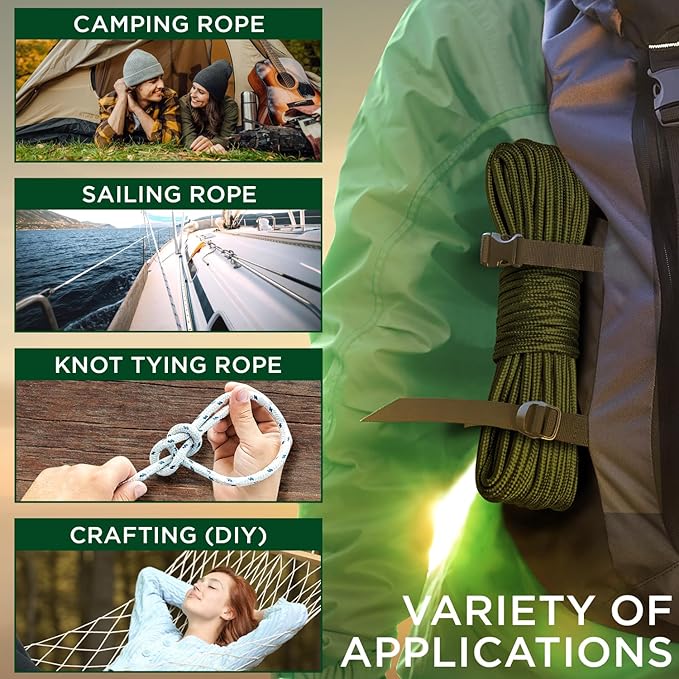 TECEUM Rope – 150 Feet x 1/4 Inch (7mm) – Army Green – Strong All-Purpose Utility Rope – Camping, Crafting, Flag Pole, Indoor & Outdoor – Polypropylene Nylon Poly Lightweight Diamond Braided Cord