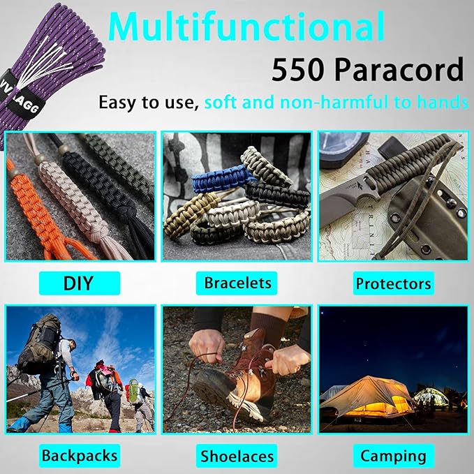VVAAGG Reflective Paracord Rope 100FT, 7 Strand Nylon para Cord Lanyard Utility 550 Parachute Cord, 4mm Thin Tent Rope for Outdoor Camping Hiking