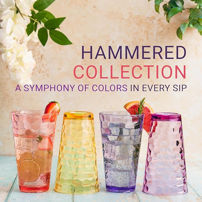 Bravario Hammered Plastic Drinking Tumbler, Dishwasher-Safe Premium Quality Water Glasses, BPA-Free Reusable Mixed Colors Assorted Stackable Cups, 22 oz Set of 12