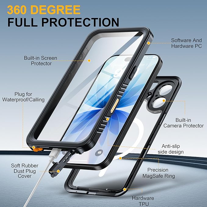 ANTSHARE for iPhone 17 Case, Compatible with Magsafe, IP68 Waterproof Case, [Built-in Screen Protector] - 12 FT Military Dropproof - Full Body Heavy Duty Rugged Phone Cover - Black/Clear