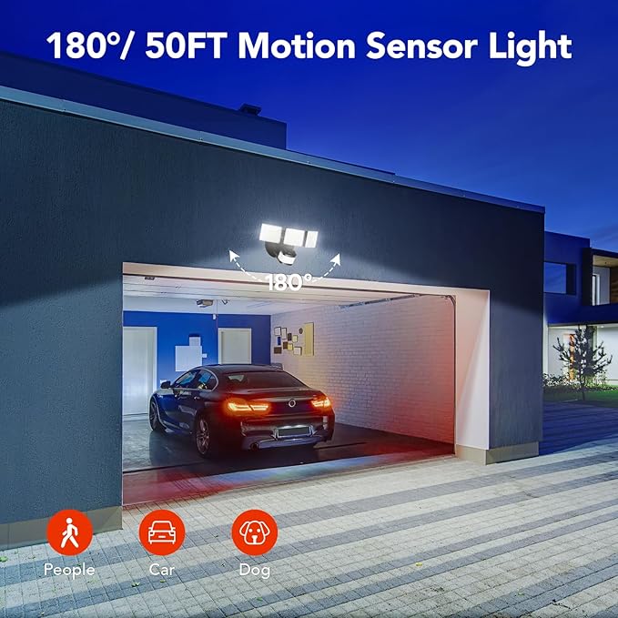 OREiN 4500LM Motion Sensor Outdoor Flood Light for Home Security, Bright Without Glare, 180° Wide Angle 50FT Range, 3 Modes Dusk to Dawn LED Light for Garage Yard Driveway (Hardwired)