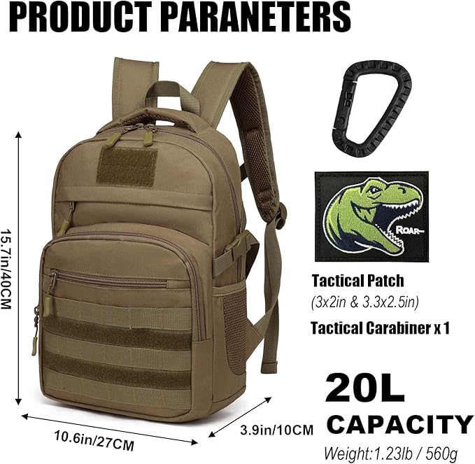 Kids Tactical Backpack Army Molle Bookbag Military Boys Backpack for School, Outdoor, Camping (Includes 2 Patches +1 Carabiner), Brown