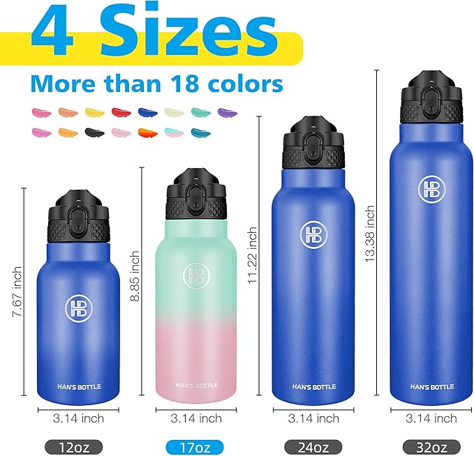 Han's Bottle Kids Water Bottle with Straw Lid - Insulated Stainless Steel Reusable Tumbler for Girls,Boys,Thermo Mug,17oz,Bubble Gum