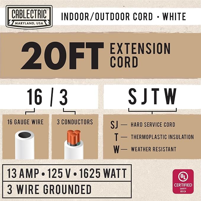 20 Foot Outdoor Extension Cord - 16/3 SJTW White 16 Gauge Electrical Cable with 3 Prong Grounded Plug