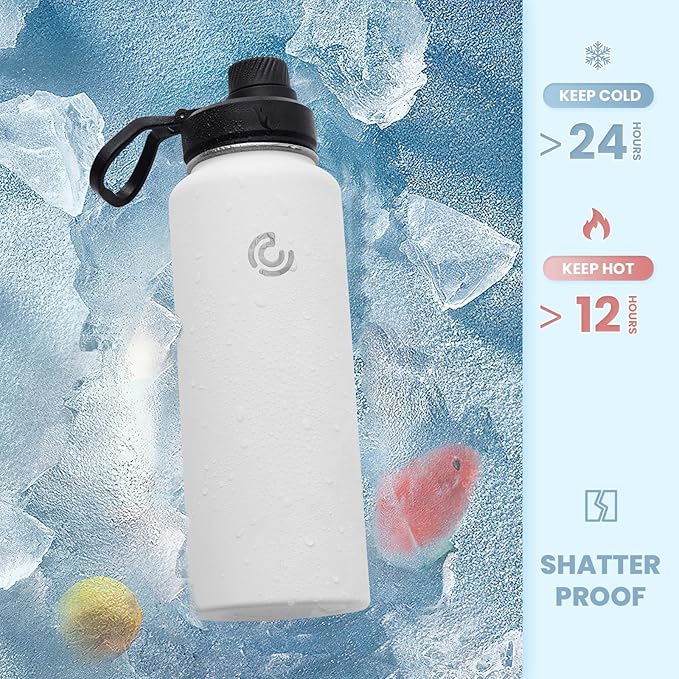 Sports Water Bottle 32oz, Insulated Water Bottle with Handle,Stainless Steel,Simple Modern,Suitable for Travel, School, Boy, Girl(White)