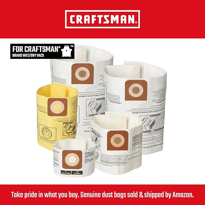 CRAFTSMAN CMXZVBE38749 Genuine General Purpose Wet Dry Vac Dust Collection Bags for Most 16 and 20 Gallon CRAFTSMAN Shop Vacuums, Collects Dry Only Debris, Reduces Cleanup Time, 3-Pack