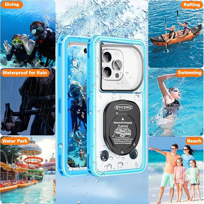 Waterproof Phone Case, Underwater Phone Cases for Snorkeling, IPX8 Diving Case, 360 Full Body Protection for iPhone 16 Pro Max/15/14/Galaxy S24, Up to 6.9 Inch, Beach Cruise Essentials (Blue)