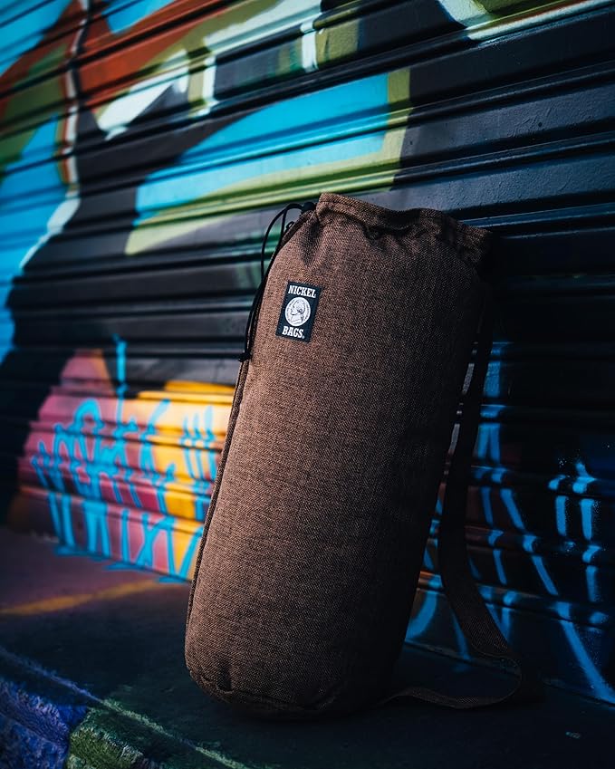 Nickel Bags Padded Drawstring Duffle Tube, Hemp Protective Sling Bag with Soft Velour Interior, Breakable-Safe Storage for Glass & Gear, Durable Zipper & Strap (18 Inch, Brown)