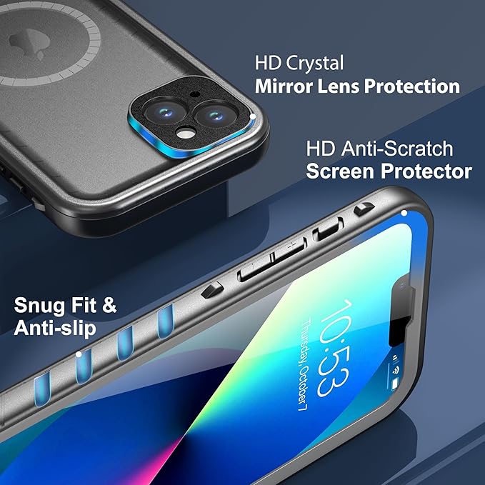 SPORTLINK for iPhone 13 Case Waterproof - Buit in Screen Protector [Compatible with MagSafe][IP68 Underwater][6.6FT Military Dropproof][Dustproof] Full Body Shockproof Case 6.1" Black