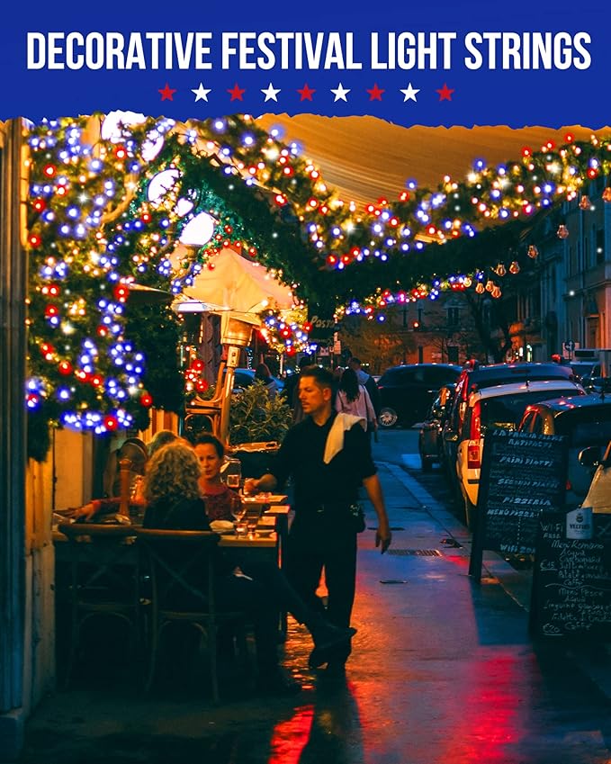 Brightown Red White Blue Battery Operated Mini String Lights with 8 Modes- 2 Pack 18 Feet 50 LED Independence Day Decoration Waterproof, Timer for Patriotic Xmas Holiday Party Outdoor Indoor
