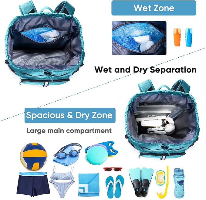 Large Beach Backpack Waterproof Sandproof - Customized Oversized Drawstring Pool Bag with Shoe Compartment for Toiletries, Towels, Gym, Travel