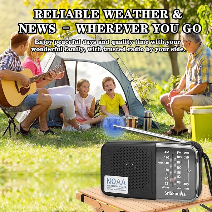 Portable AM FM Transistor Radio Battery Operated, NOAA Weather Radio with Loud Speaker, Headphone Jack, 2 AA Batteries, Excellent Reception, for Everyday Carry Essential, Travel, Storms
