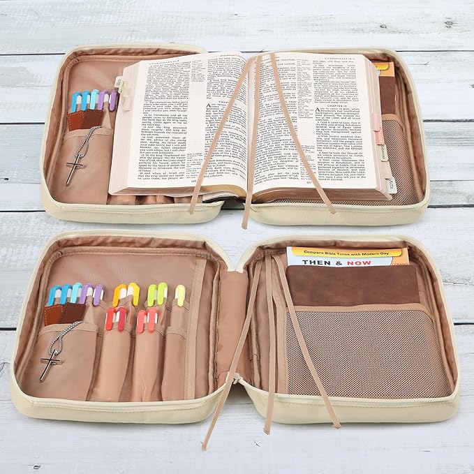 FINDCOZY Bible Cover for Women, Durable Carrying Book Case Church Bag for Biblical Accessories with Handle and Zippered Pocket, for Scriptures, Taslan Beige