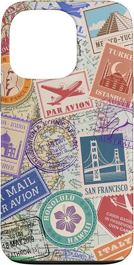 World Map Travel Passport Stamps Postage Stamp Case for iPhone 13 Pro