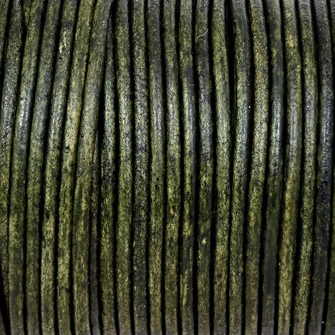 GENIQUE Real/Genuine Round Leather String Cord for Necklace, Bracelets, Jewelry, Kumihimo Braiding, DIY Projects (20 Metres) (1.5mm, Green Distressed)