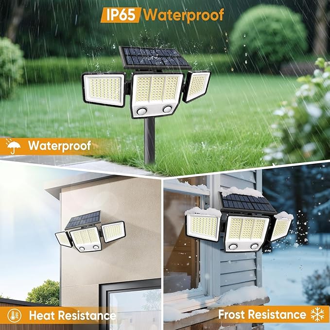 MDCMDCM Solar Motion Sensor Outdoor Lights Waterproof - 3000LM 3 Modes Security Lights Outdoor 270° Illumination IP65 LED Solar Flood Wall Light for Garden Yard Patio Pathway (with Stakes, 3)