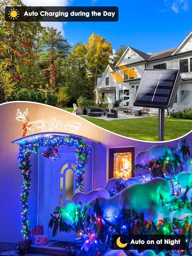 6 Pack 600 LED Solar String Lights for Outside, Solar Christmas Lights with 8 Lighting Modes, Waterproof Green Wire Solar String Lights Outdoor for Tree Xmas Party Garden Yard Decorations (MultiColor)