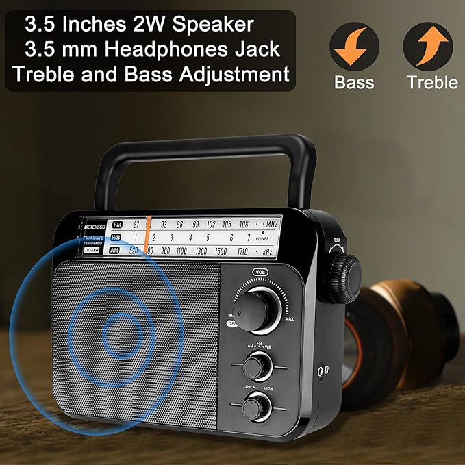 Retekess TR604W AM FM NOAA Radio, Portable Emergency Weather Radios with Best Reception, AC or D Battery Powered, with Clear Dial and Large Knob, Suit for Home (Black)