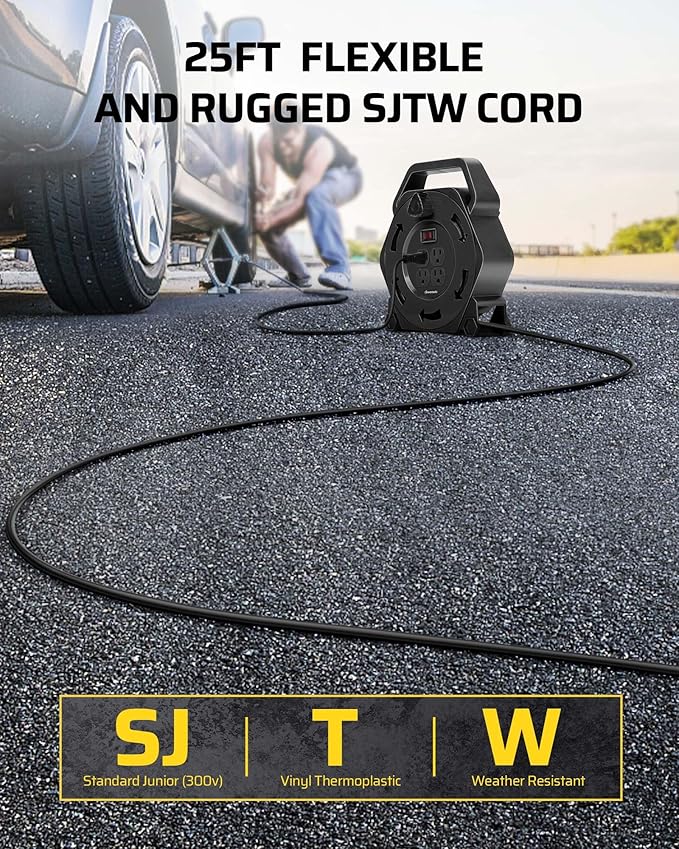 DEWENWILS Extension Cord Reel with 25 FT Power Cord, Hand Wind Retractable, 16/3 AWG SJTW, 4 Grounded Outlets, 13 Amp Circuit Breaker, Black, UL Listed