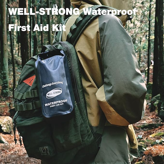 Boat First Aid Kit Waterproof, WELL-STRONG Marine Emergency Kit with Roll Top Dry Bag for Boating Fishing Kayaking – Water-Resistant Contents for Camping & Beach（Dark Grey）