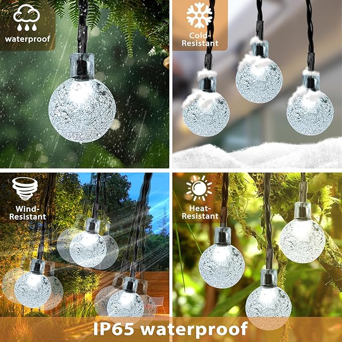 Outdoor Solar String Lights, 46FT 66LED 8Modes Crystal Solar Powered Christmas Fairy String Lights Waterproof for Outside Yard Fence Easter Holiday Party Porch Garden Decor(Pure White)