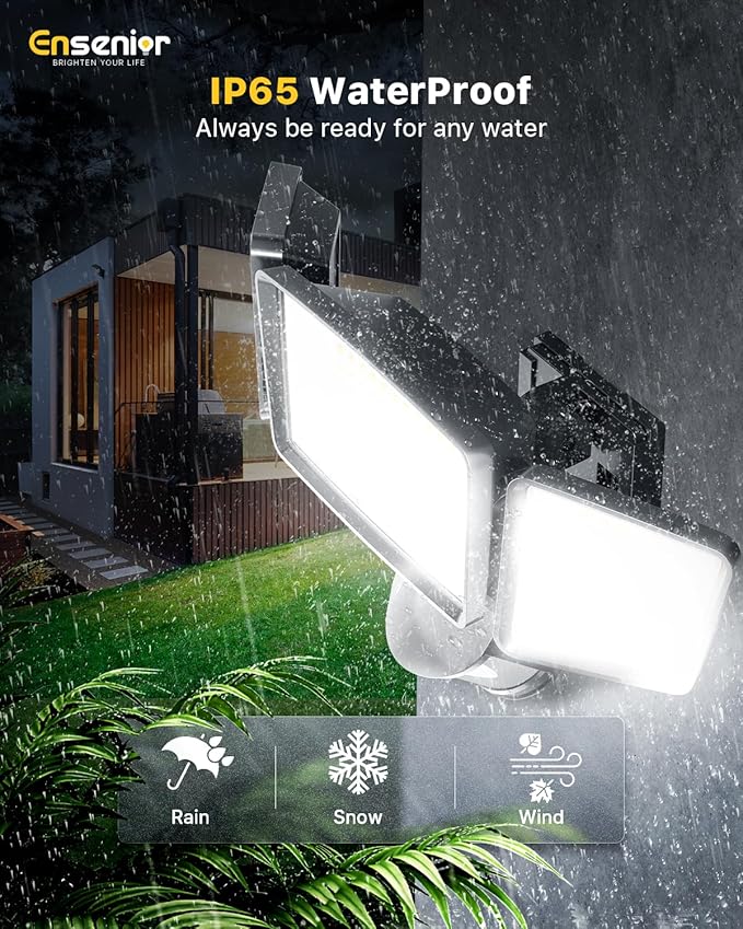 Ensenior Solar Security Lights, Wide Beam Flood Light 6500K Super Bright for Driveway Backyard Garden, Remote Control Motion Lights, Weather-Resistant Exterior Lighting, 1800LM Lumen, Black, 2-Pack