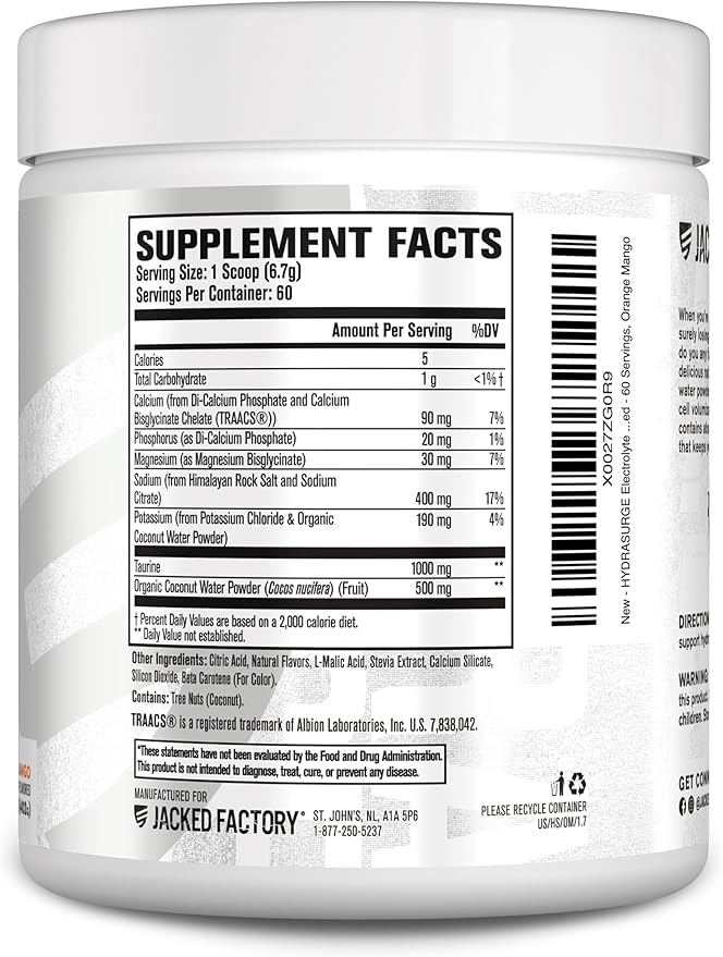 Jacked Factory HYDRASURGE Electrolyte Powder - Hydration Supplement with Key Minerals, Himalayan Sea Salt, Coconut Water - Keto Friendly, Sugar Free, Naturally Sweetened - 60 Servings, Orange Mango