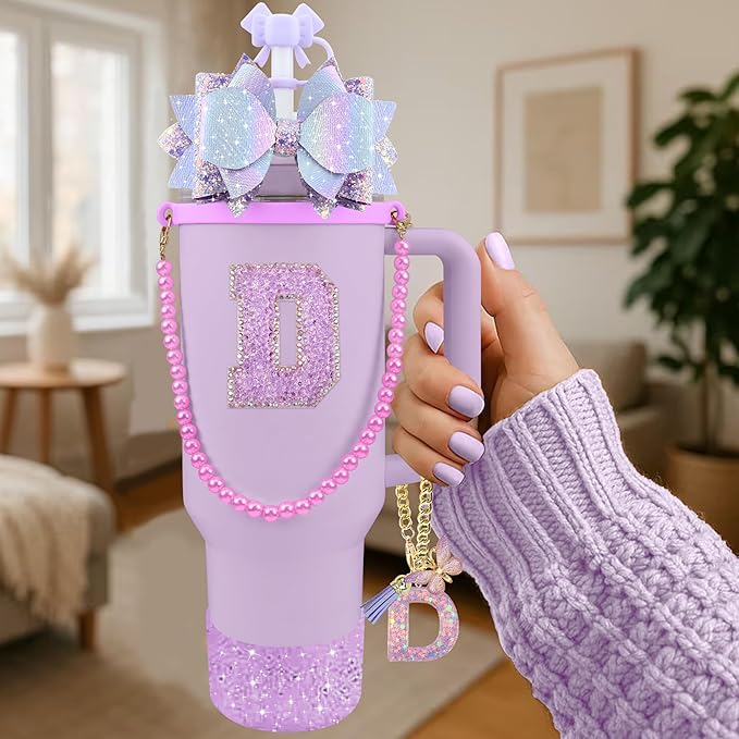 9PCS Purple for Stanley Cup Accessories Set Bling Initials Bow Charms for Stanley Decorations 30/40 Oz Tumbler Accessories Including Bow Straw Topper, Handle Strap, Spill Stopper（Letter D）