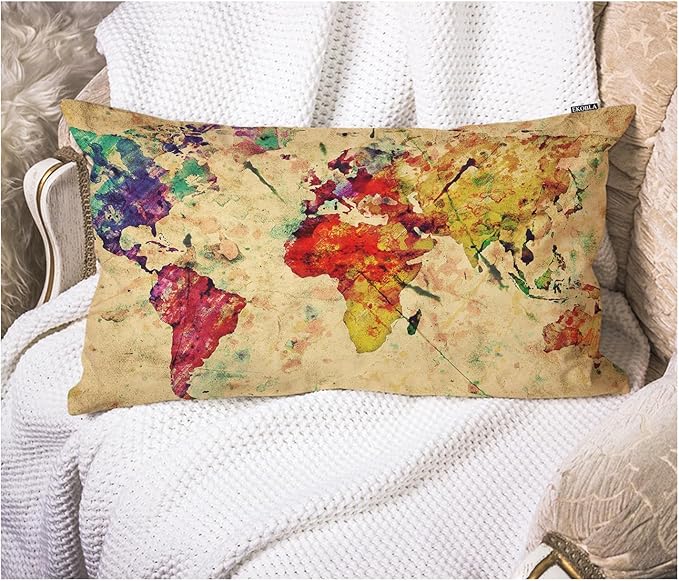 EKOBLA Watercolor World Map Lumber Pillow Cases Vintage Global Graphic Home Decorative Waist Lumber Cotton Linen Pillowcases Oblong Rectangle Case