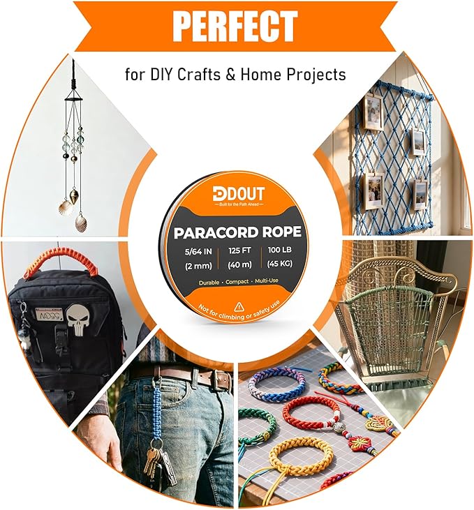 DDOUT 2mm Paracord 100lb, Thin Micro Paracord Rope, White 125FT Nylon Cord for Crafting, DIY Projects, Fishing, Camping & Outdoor