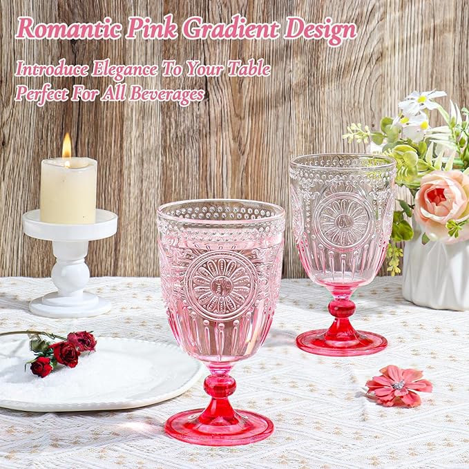 XUWAIDSGN 24Pcs Plastic Vintage Wine Glasses 13.5oz Reusable Embossed Goblet Glasses Pink Gradient Retro Wine Glassware Unbreakable Stemmed Champagne Water Cups for Wine Cocktail Juice Wedding