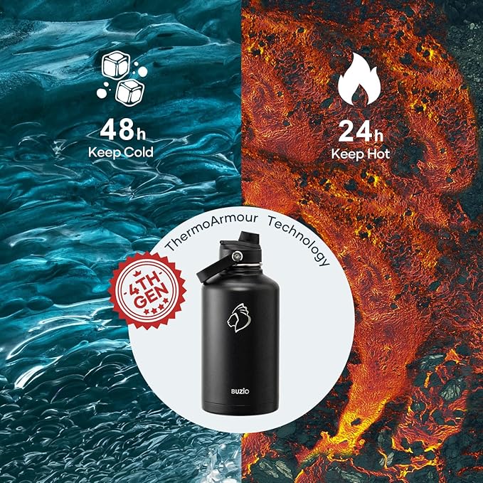 BUZIO Vacuum Insulated Stainless Steel Water Bottle 64oz (Cold for 48 Hrs/Hot for 24 Hrs) BPA Free Double Wall Travel Mug/Flask for Outdoor Sports Hiking, Cycling, Camping, Running
