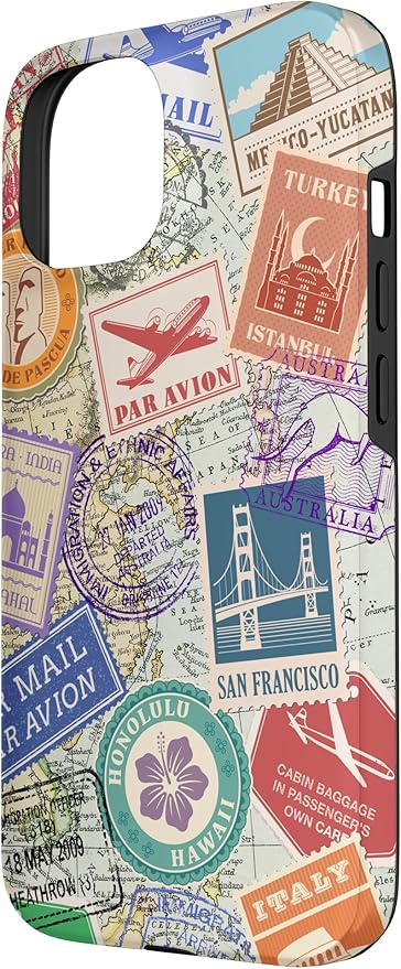 World Map Travel Passport Stamps Postage Stamp Case for iPhone 15