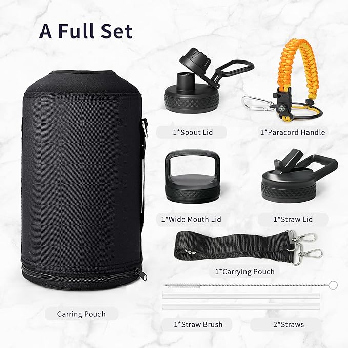 Trebo 128 oz 1 Gallon Water Bottle Insulated with Paracord Handle and Straw,Vacuum Stainless Steel Large Water Jug Keep Cold 48 Hours,Water Flask with 3 Lids for Men Women Sports,Gym, Orange
