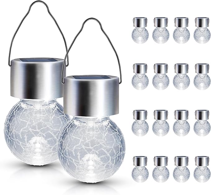 GIGALUMI Solar Lights Outdoor Waterproof, 16 Pack Solar Hanging Lights Garden Decor, Gifts for Women, Solar Outdoor Lantern Waterproof Cracked Glass for Yard, Fence, Tree(Cold White)