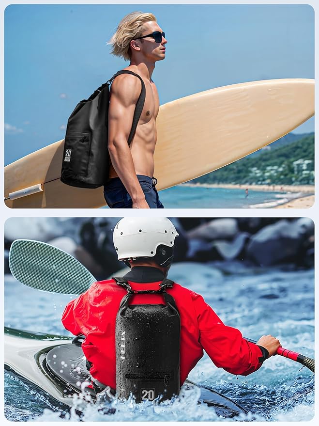 HEETA Waterproof Dry Bag with Front Zippered Pocket for Women Men, 5L/10L/20L/30L/40L Roll Top Lightweight Dry Storage Bag Backpack for Travel, Kayaking, Boating, Rafting, Camping, Hiking & Beach