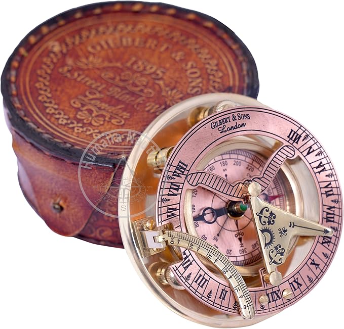Humaira Nautical Vintage Brass Sundial Compass with Copper Dial & Leather Box Handmade Sun Clock Maritime Navigation Compass Gift