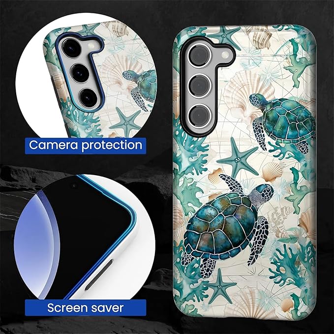 for Samsung Galaxy S23 Plus Case,HL2 Ocean Sea Turtle Nautical Map Hybrid 2 Layer Hard Shell Silicone Protective Pattern Design Case